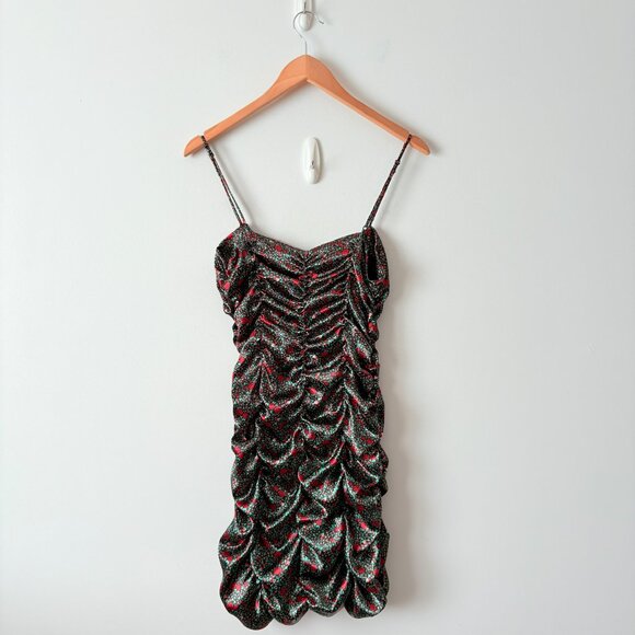 Urban Outfitters Iris Satin Ruched Mini Dress Black Red Rose Floral Size Medium - Picture 4 of 6
